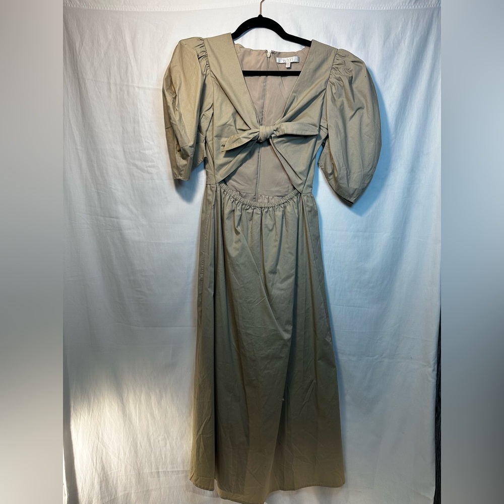 Wayf Beige Puff Sleeve Cotton Midi Dress